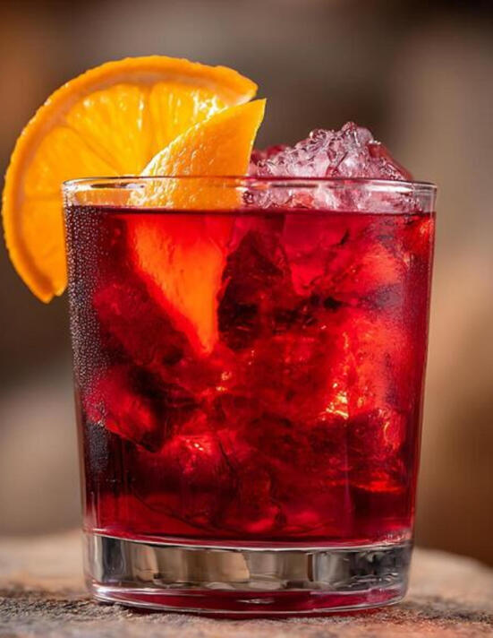 The Hexed Rose A crimson cocktail of maple spiced wine, rose liqueur, and a dash of bitters, garnished with candied petals.